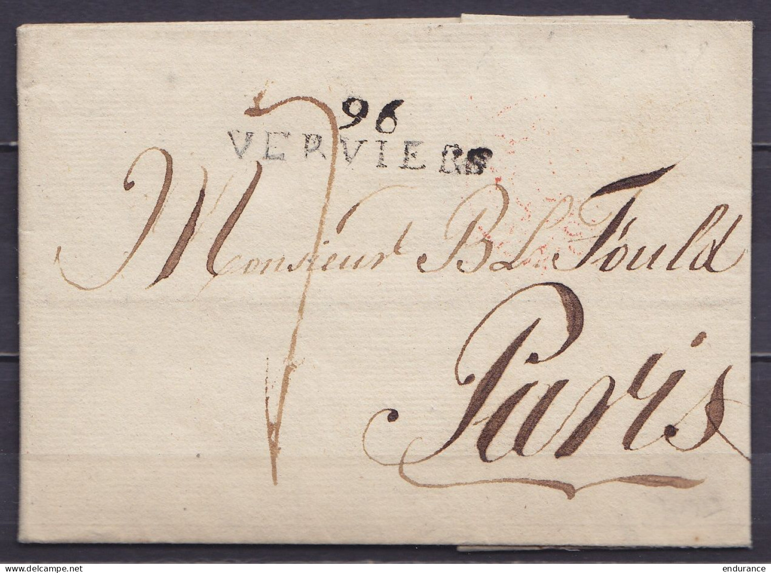 L. Datée 1 Décembre 1808 De VERVIERS Pour PARIS - Griffe "96/ VERVIERS" - Port "7" (au Dos: Cachet Date Arrivée "Décembr - 1794-1814 (Französische Besatzung)