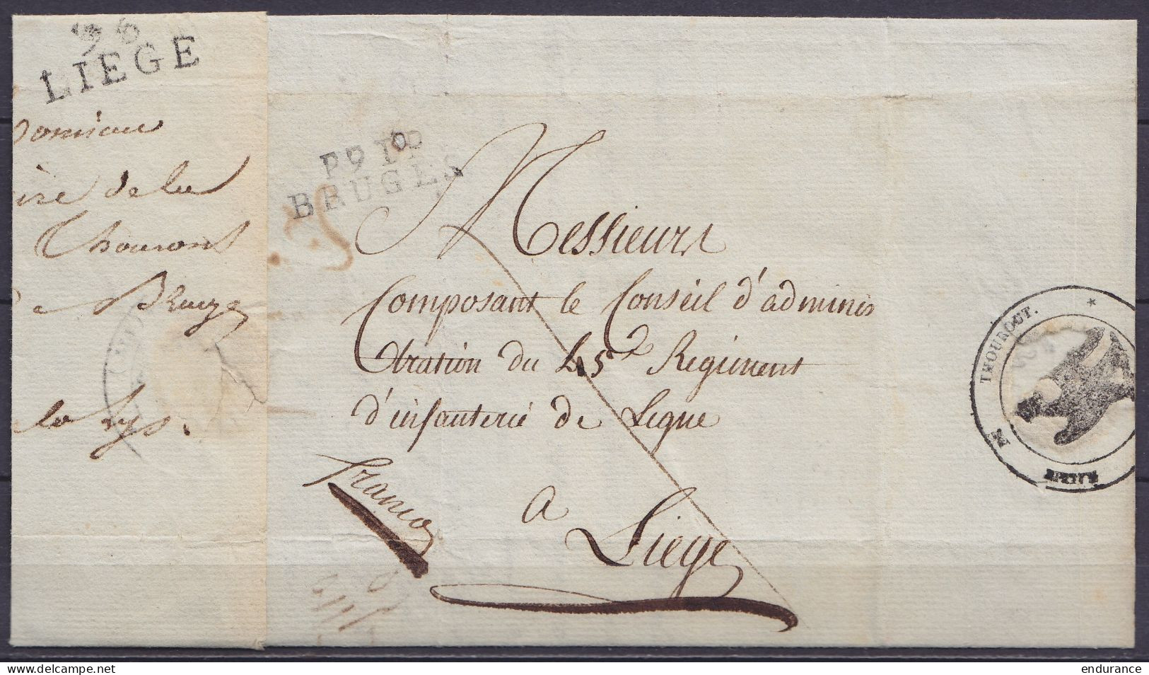 L. Datée 11 Février 1807 De TORHOUT Pour Régiment D'Infanterie à LIEGE - Griffe "P 91 P / BRUGES" Réexpédiée - Le Destin - 1794-1814 (French Period)