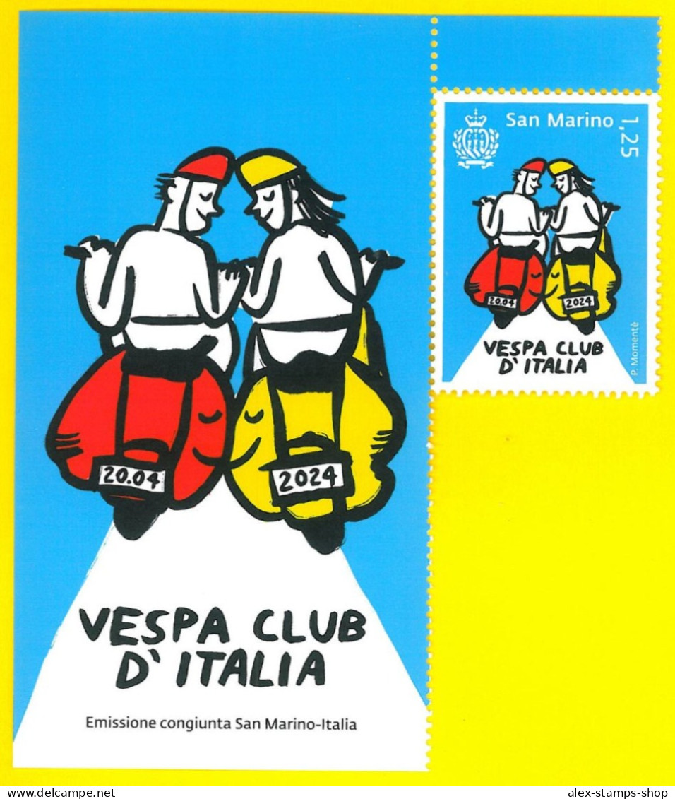 SAN MARINO 2024 Emissione Congiunta San Marino-Italia - Vespa Club D’Italia - Morocycle 1 Valore Singolo +BANDELLA - Unused Stamps
