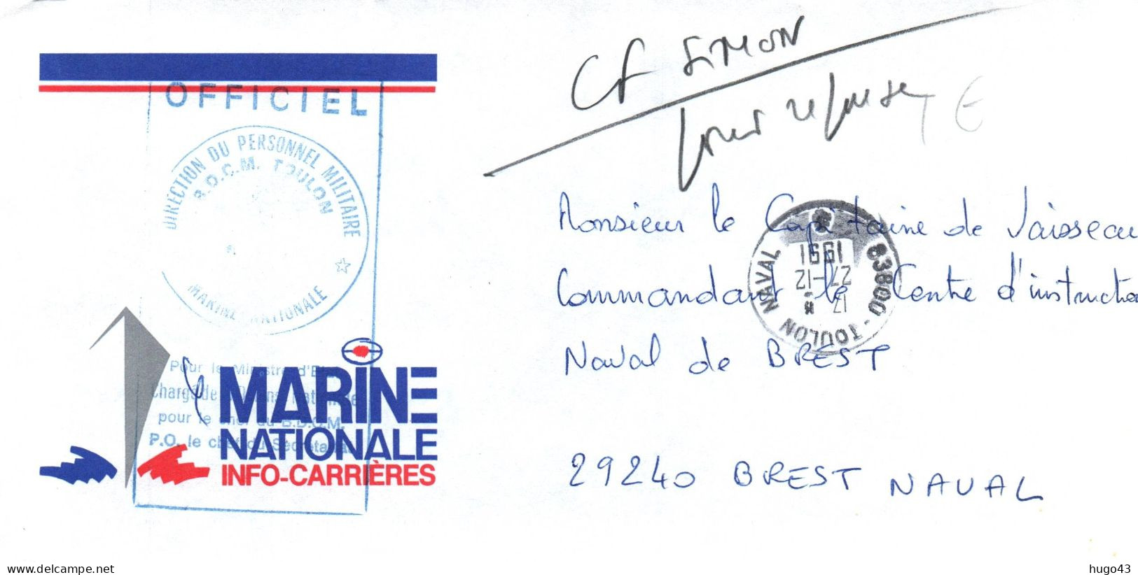 ENVELOPPE  AVEC CACHET DIRECTION DU PERSONNEL MILITAIRE A TOULON LE 27/12/1991 - Poste Navale