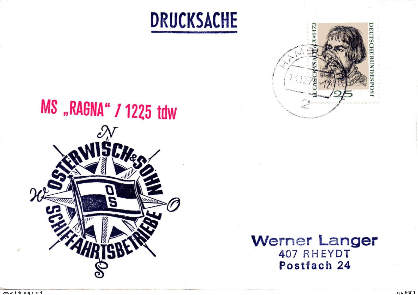 (L 6) Cachetumschlag "SCHIFFAHRTSBETRIEBE OSTERWISCH&SOHN - MS. "RAGNA"/1225 Tdw - EF BRD TST 13.12.72 HAMBURG - Maritiem