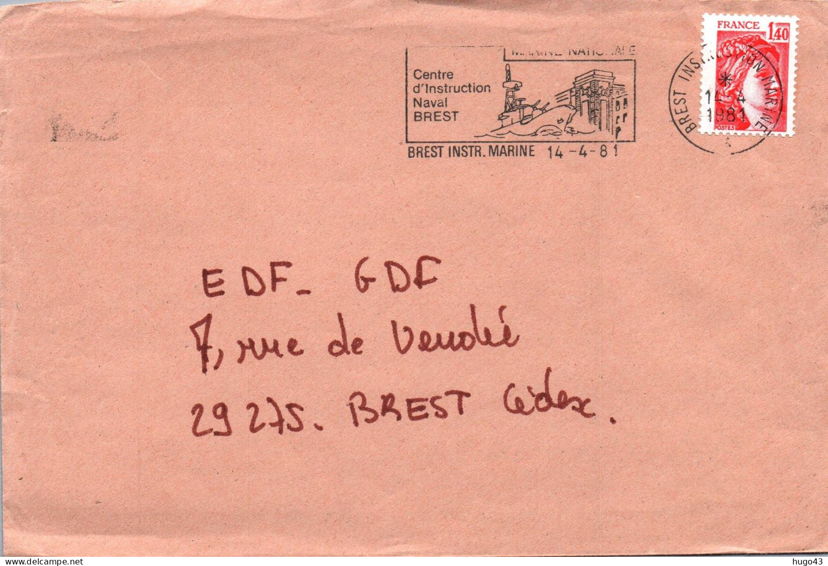 ENVELOPPE  AVEC FLAMME BREST INSTRUCTION MARINE LE 14/4/1981 - Scheepspost