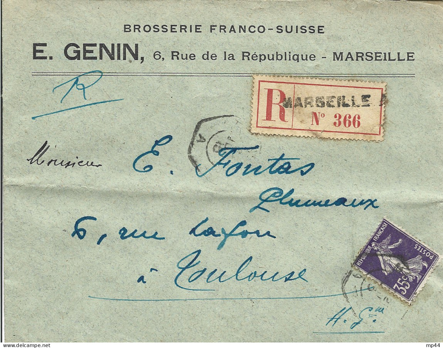 10L3 --- Lettre 13 MARSEILLE Recommandé 35c Semeuse E.Genin, Brosserie Franco-suisse - 1900 – 1949