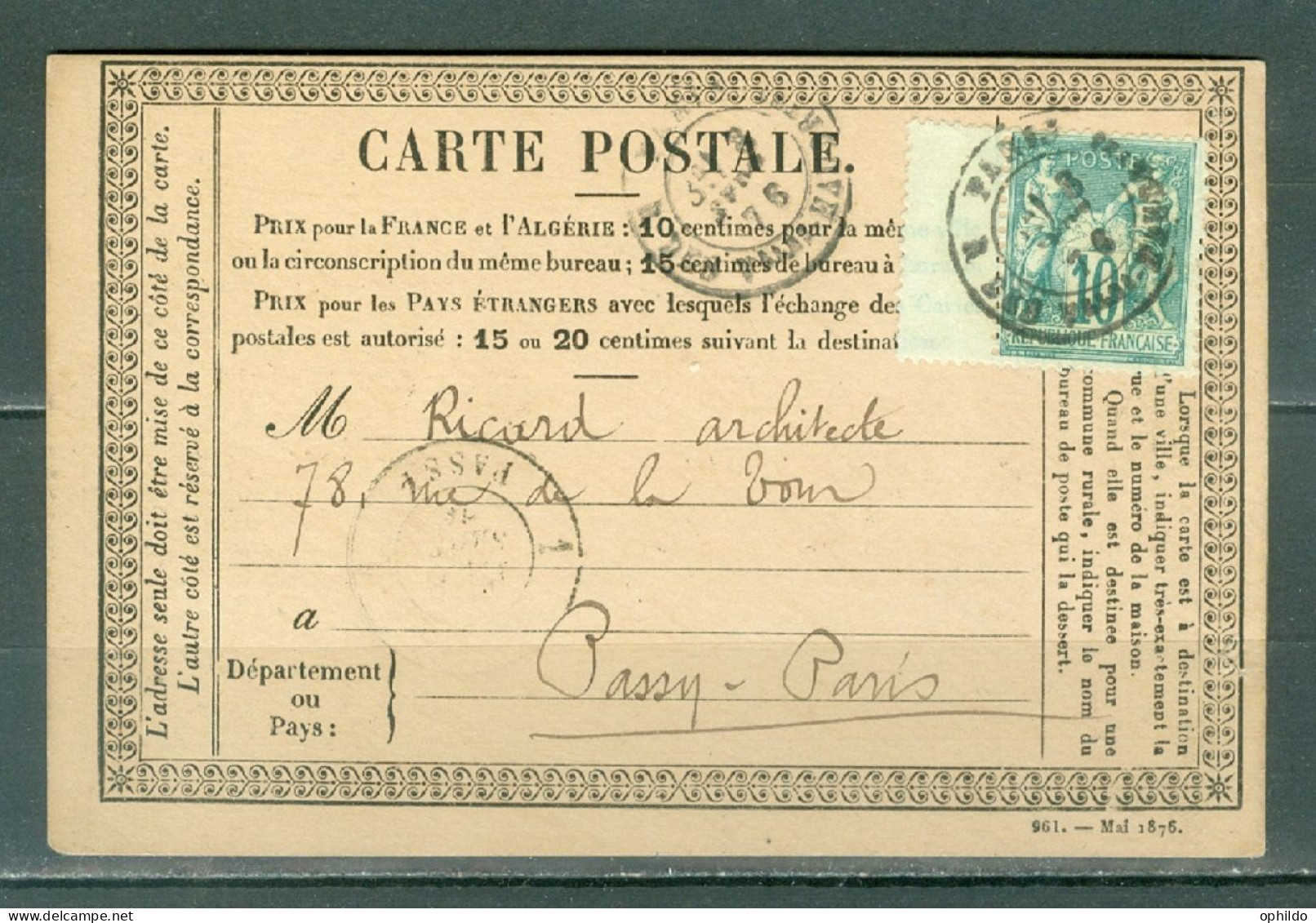 CP Précur  Yv  65  Paris  Rue Des Vlles Haudrtes Pour Passy  Septembre 76  - 1876-1878 Sage (Typ I)