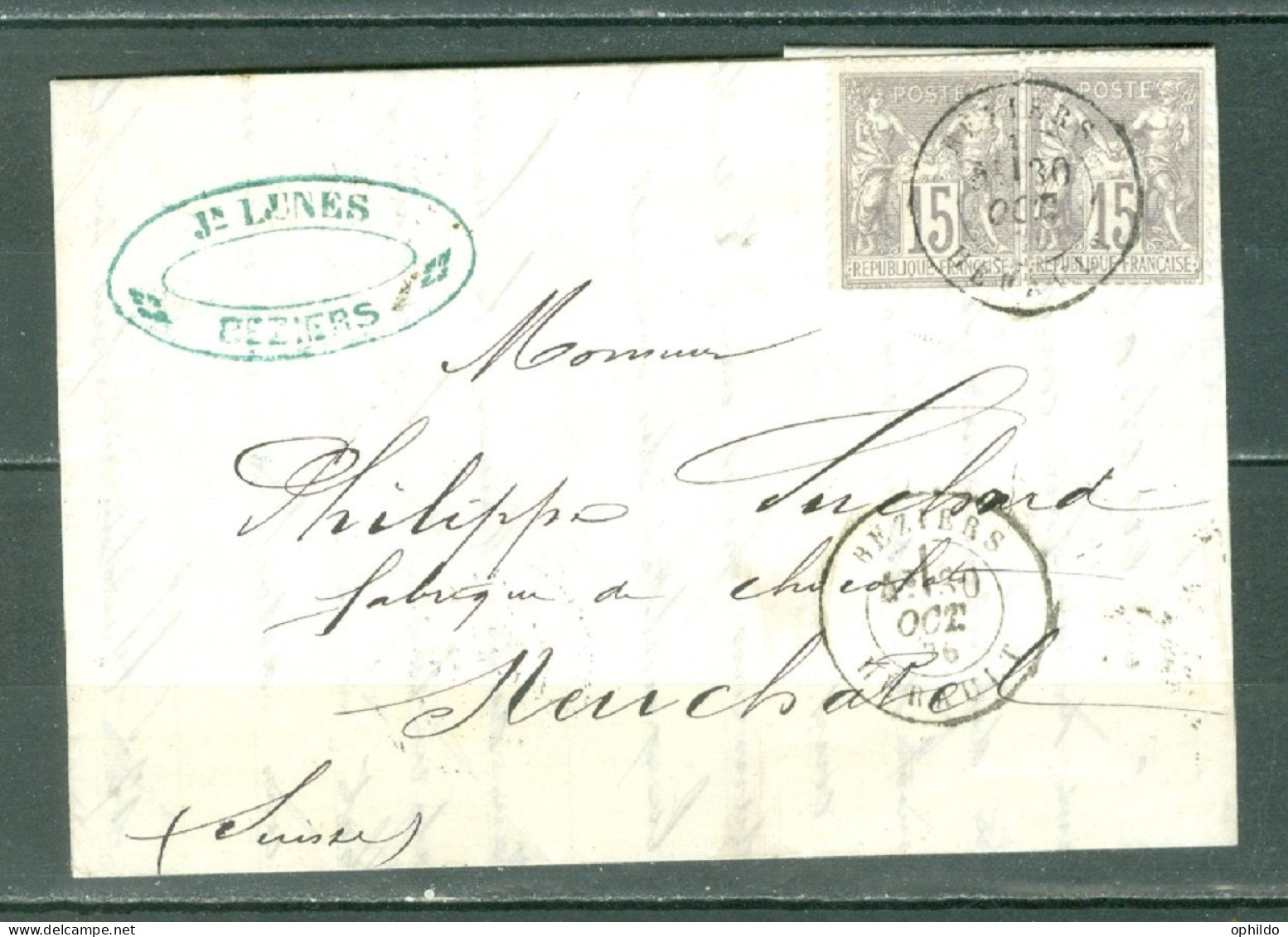 LAC   Yv  66 Par 2 Béziers Pour La Suisse  Octobre 76  - 1876-1878 Sage (Type I)