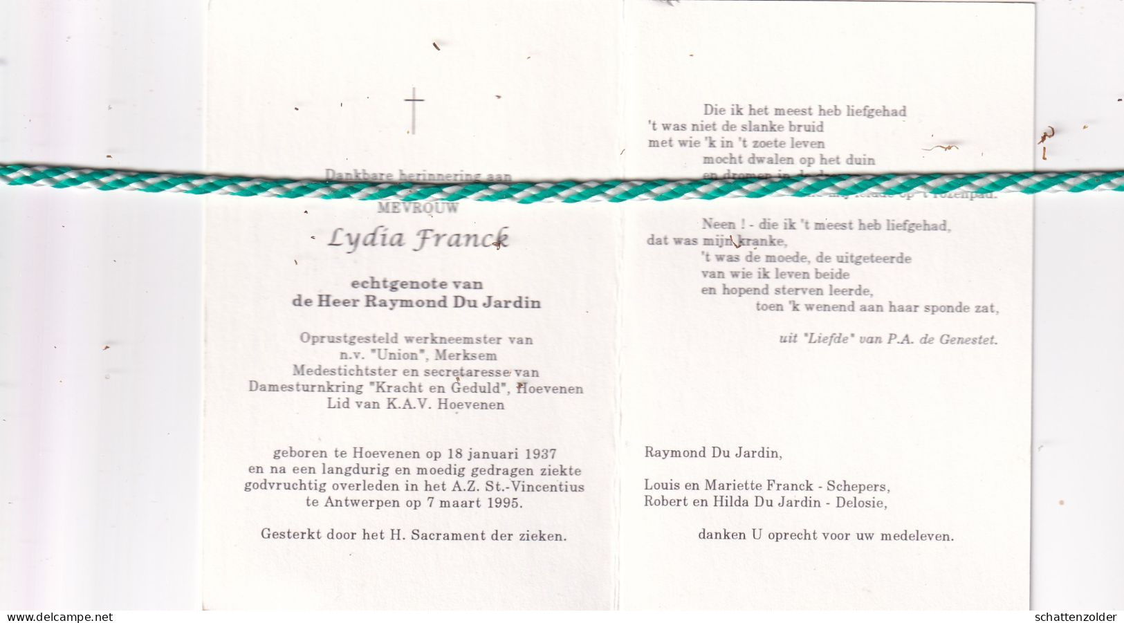Lydia Franck-Du Jardin, Hoevenen 1937, Antwerpen 1995. Foto - Obituary Notices