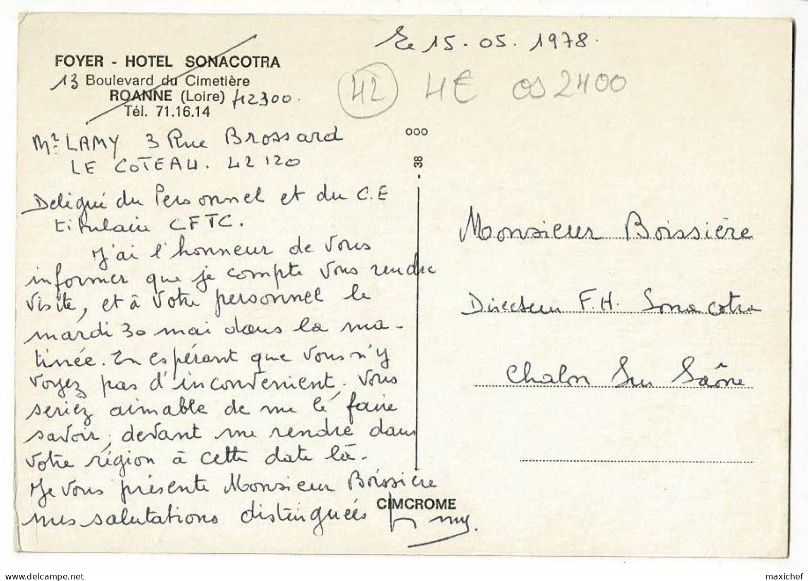 Foyer - Hotel Sonacotra - 13 Boulevard Du Cimetière - Roanne - Tél : 71.16.14 - Circulé 1978 - Roanne