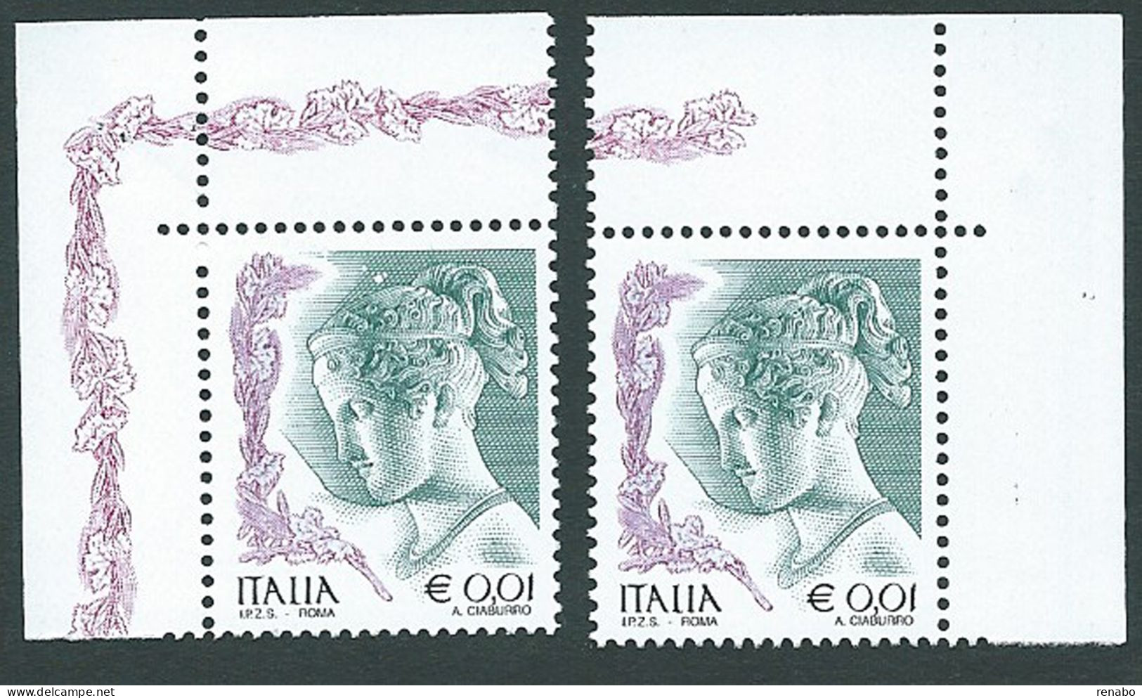 Italia 2002 ; “La Donna Nell' Arte” Da € 0,01 ; Angoli Superiori Opposti : “Ebe” Scultura Di Antonio Canova. - 2001-10: Mint/hinged