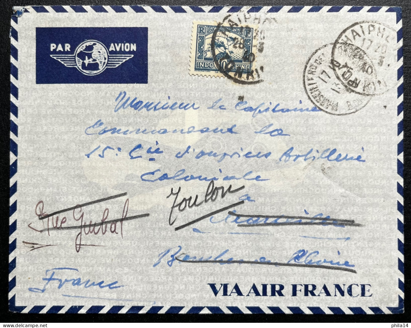 SP ENVELOPPE HAIPON TONKIN INDOCHINE 1940 POUR MARSEILLE PUIS TOULON CAPITAINE DE LA 15° COMPAGNIE ARTILLERIE COLONIALE - Brieven En Documenten