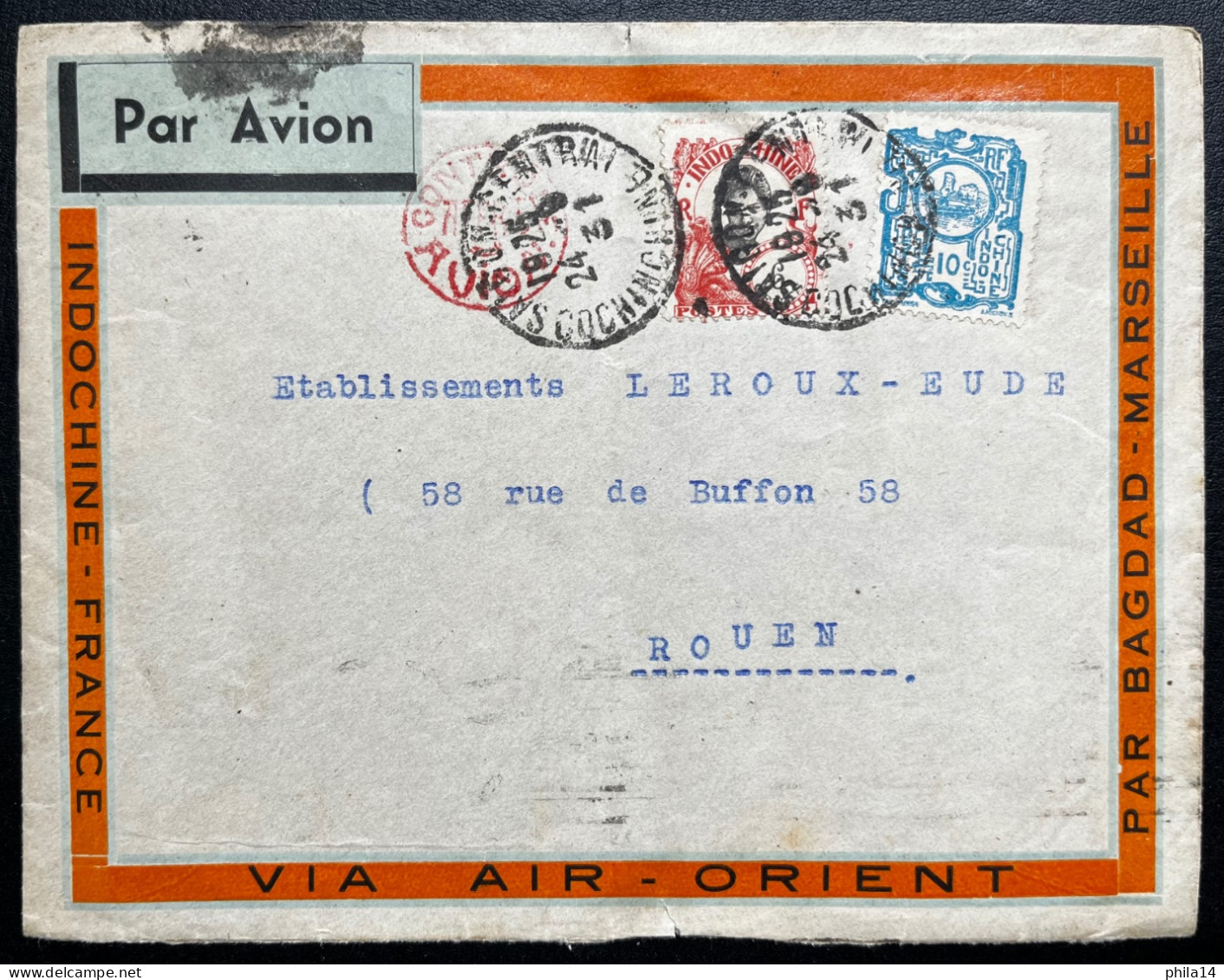 SP ENVELOPPE SAIGON  CENTRAL COCHINCHINE 1931 POUR ROUEN / CACHET CONTROLE ROUGE - Covers & Documents