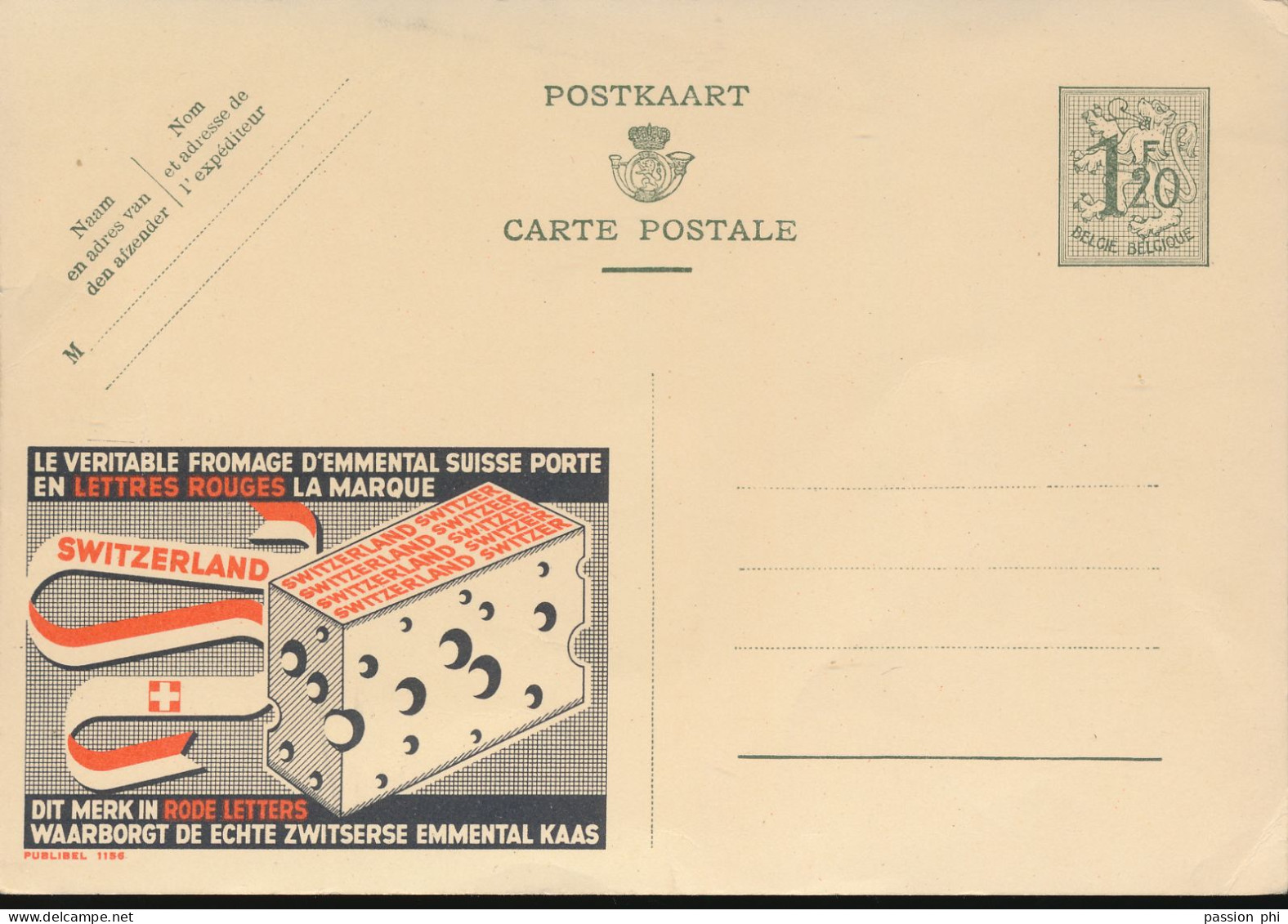 BELGIUM PPS SBEP 17 PUBLIBEL 1156 EMMENTAL NF UNUSED - Werbepostkarten