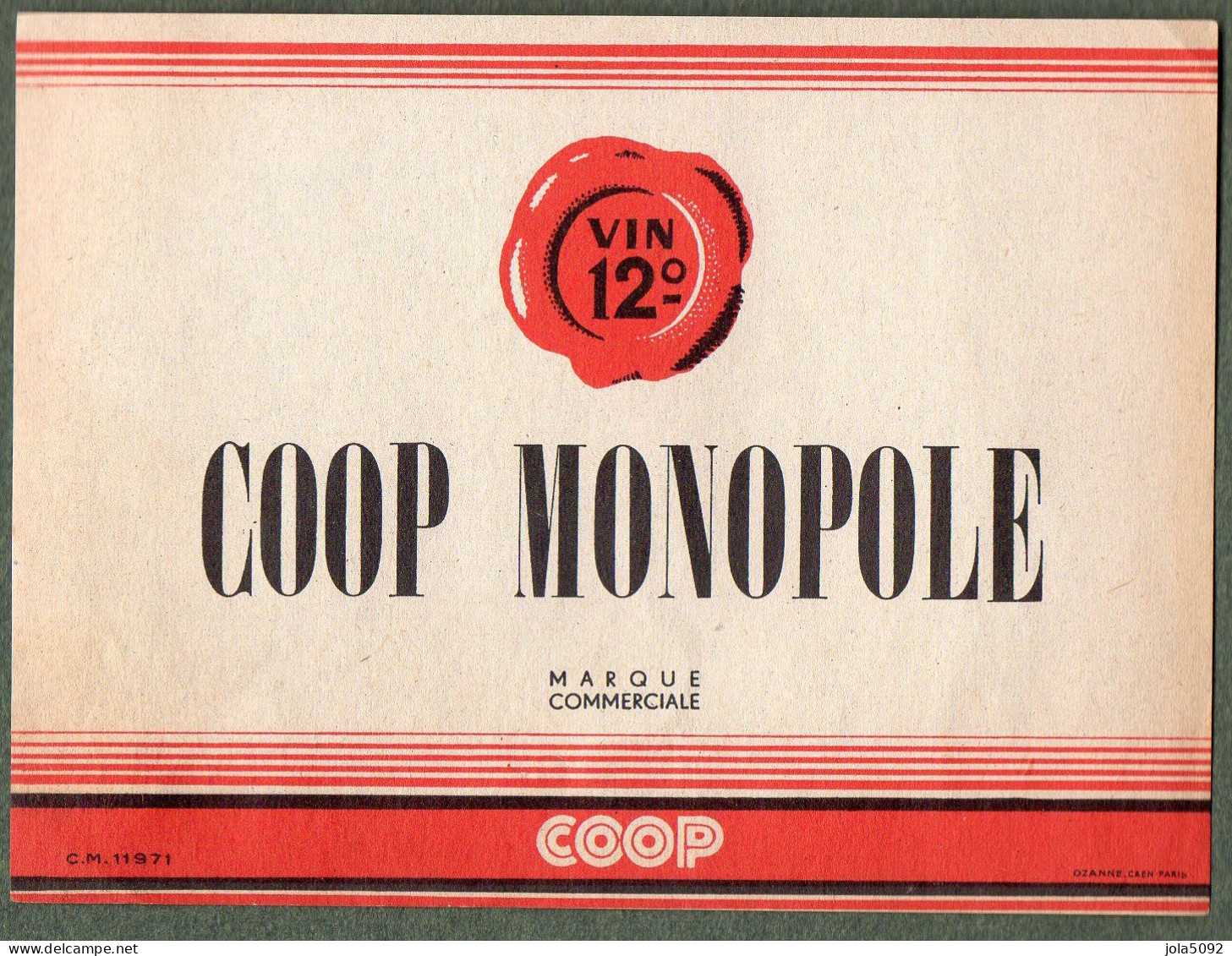 Etiquette Vin 12° - COOP MONOPOLE - Other & Unclassified