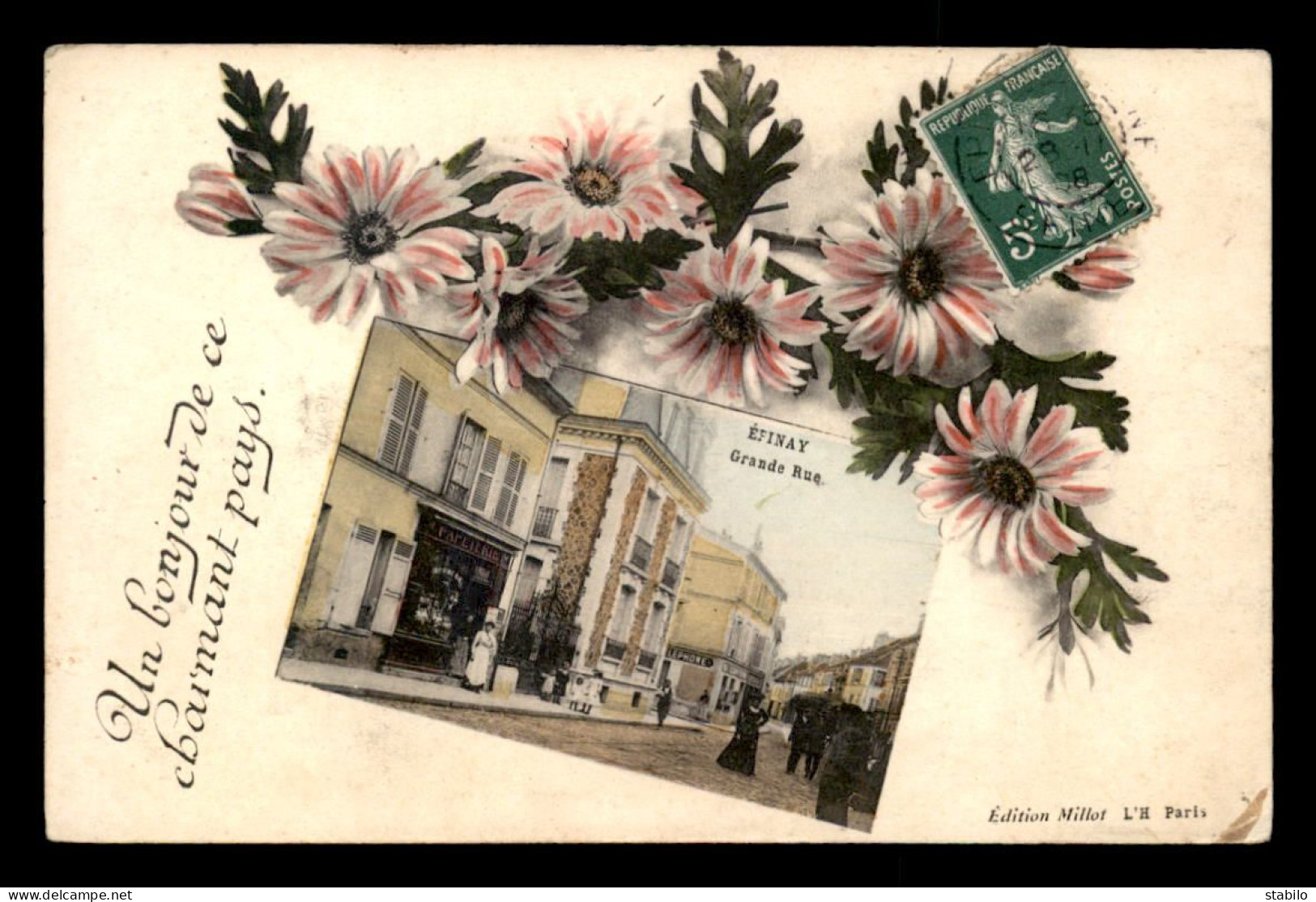 93 - EPINAY-SUR-SEINE - UN BONJOUR - GRANDE RUE - PAPETERIE-IMPRIMERIE E. MILLOT,  EDITEUR DE CARTES POSTALES - Autres & Non Classés