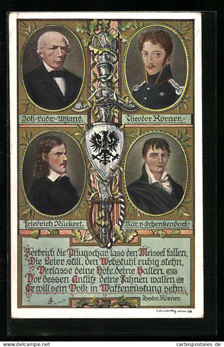 Künstler-AK Joh. Ludwig Uhland, Karl Theodor Körner, Friedrich Rückert Und Max Von Schenkendorf  - Escritores
