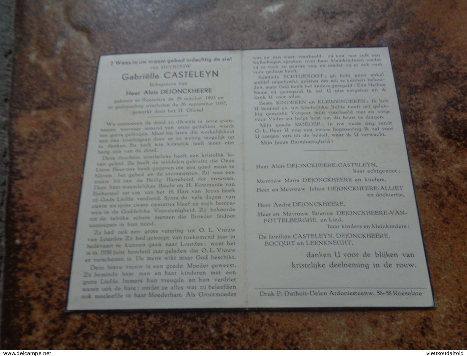 Doodsprentje/Bidprentje   Gabriëlle CASTELEYN   Roeselare 1893-1957  (Echtg Aloïs DEJONCKHEERE) - Religion &  Esoterik