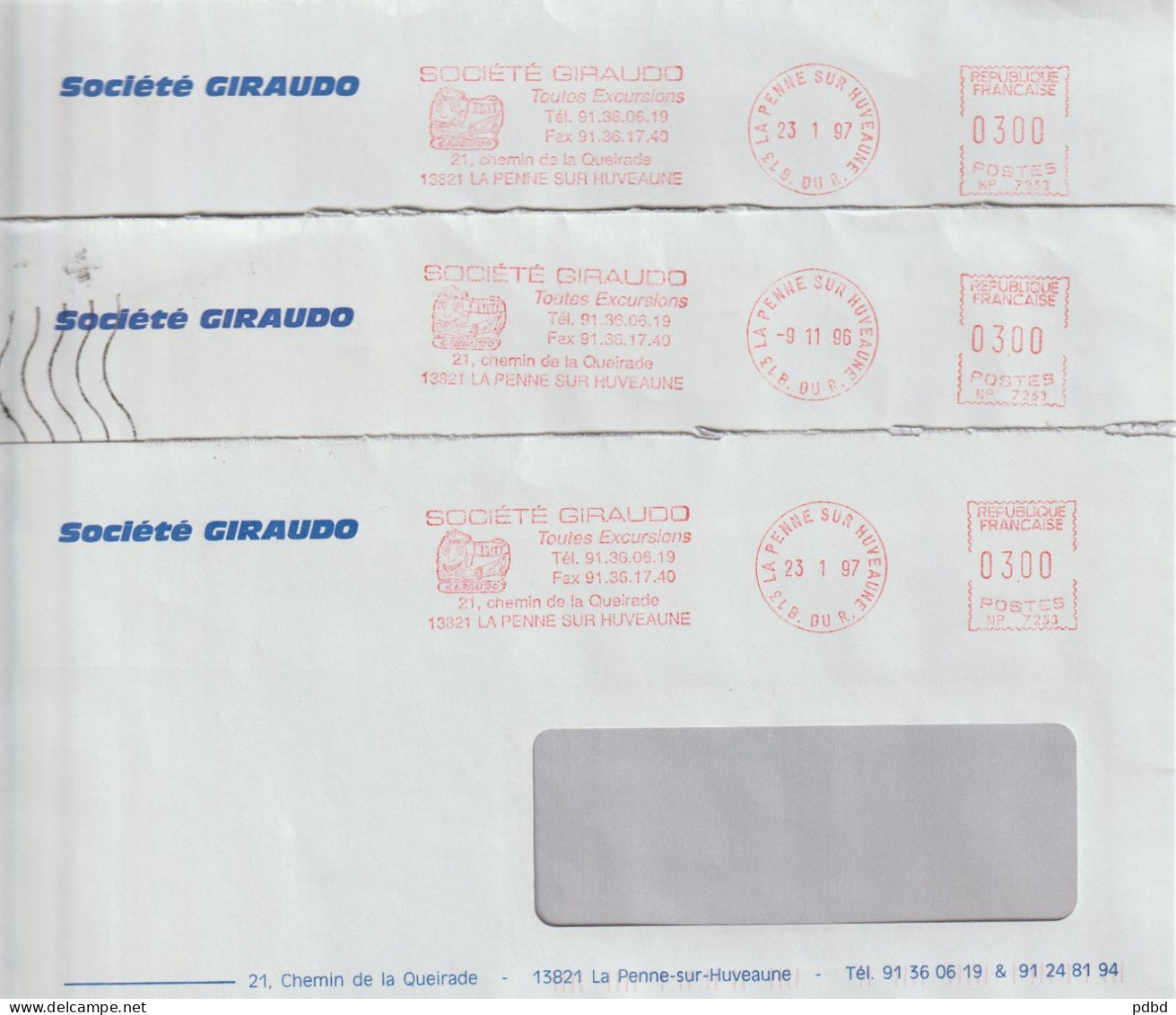 FT 54 . 13 . La Penne-sur-Huveaune . Société Giraudot . Affranchissement   . 3 Enveloppes Identiques . - EMA (Empreintes Machines à Affranchir)