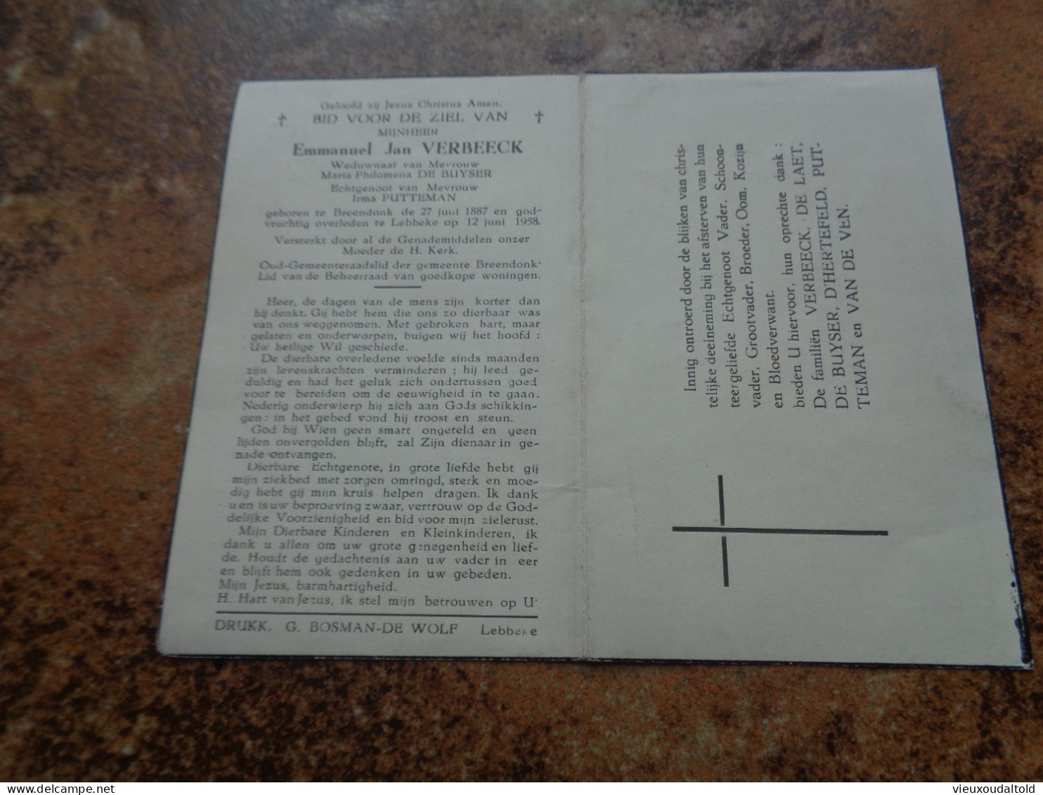 Doodsprentje/Bidprentje   Emmanuel Jan VERBEECK   Breendonk 1887-1958 (Wdr De Buyser / Echtg Putteman) - Religion &  Esoterik