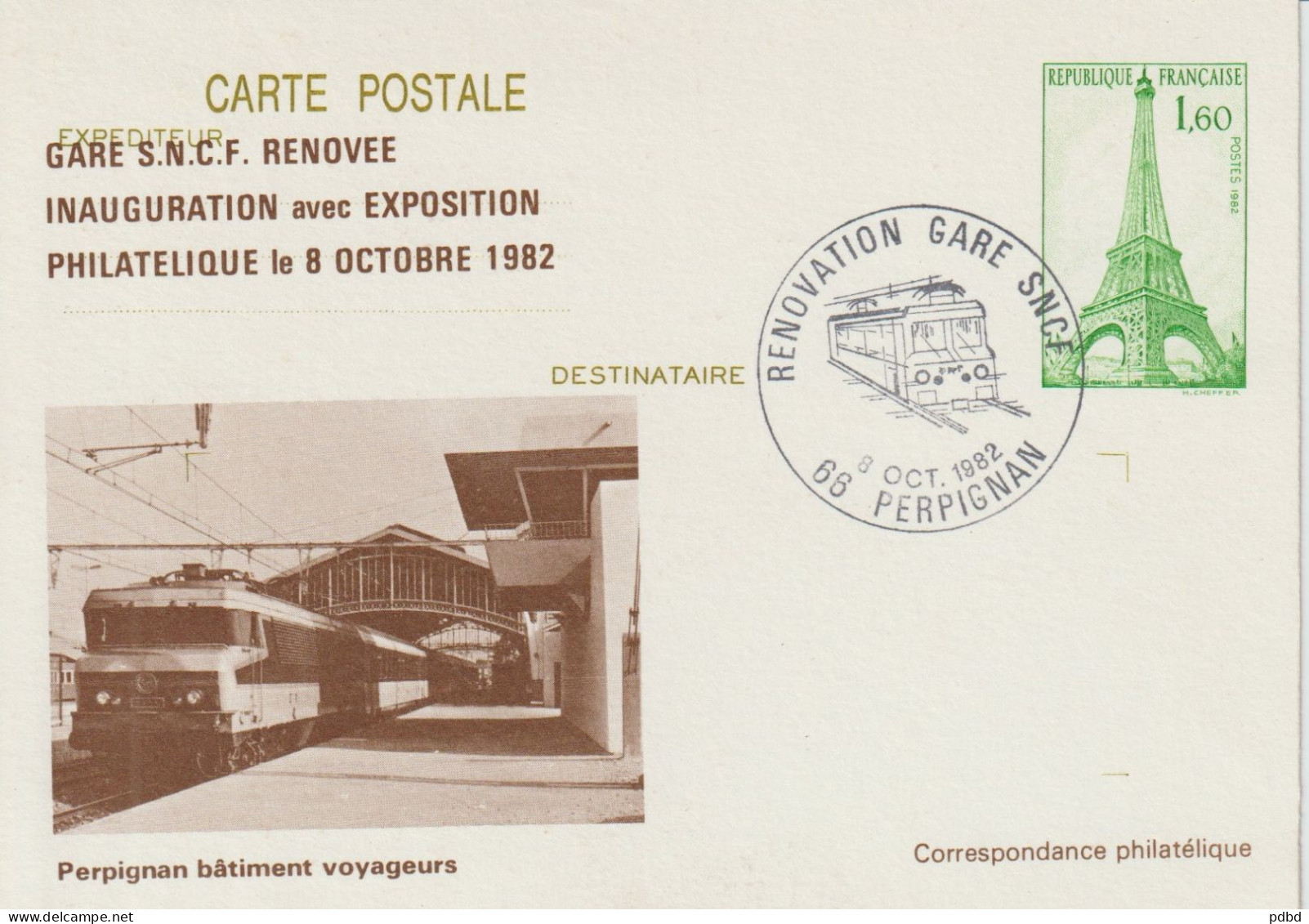 FT 53 . 66 . Perpignan . Oblitération . Rénovation Gare . 08 10 1982 . Entier Postal  . Chemin De Fer . - Standard Postcards & Stamped On Demand (before 1995)