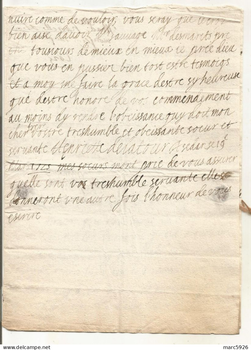 N°2033 ANCIENNE LETTRE DE HENRIETTE DE LA TOUR A SEDAN AU DUC DE BOUILLON AVEC CACHET DE CIRE ET RUBAN DATE 1625