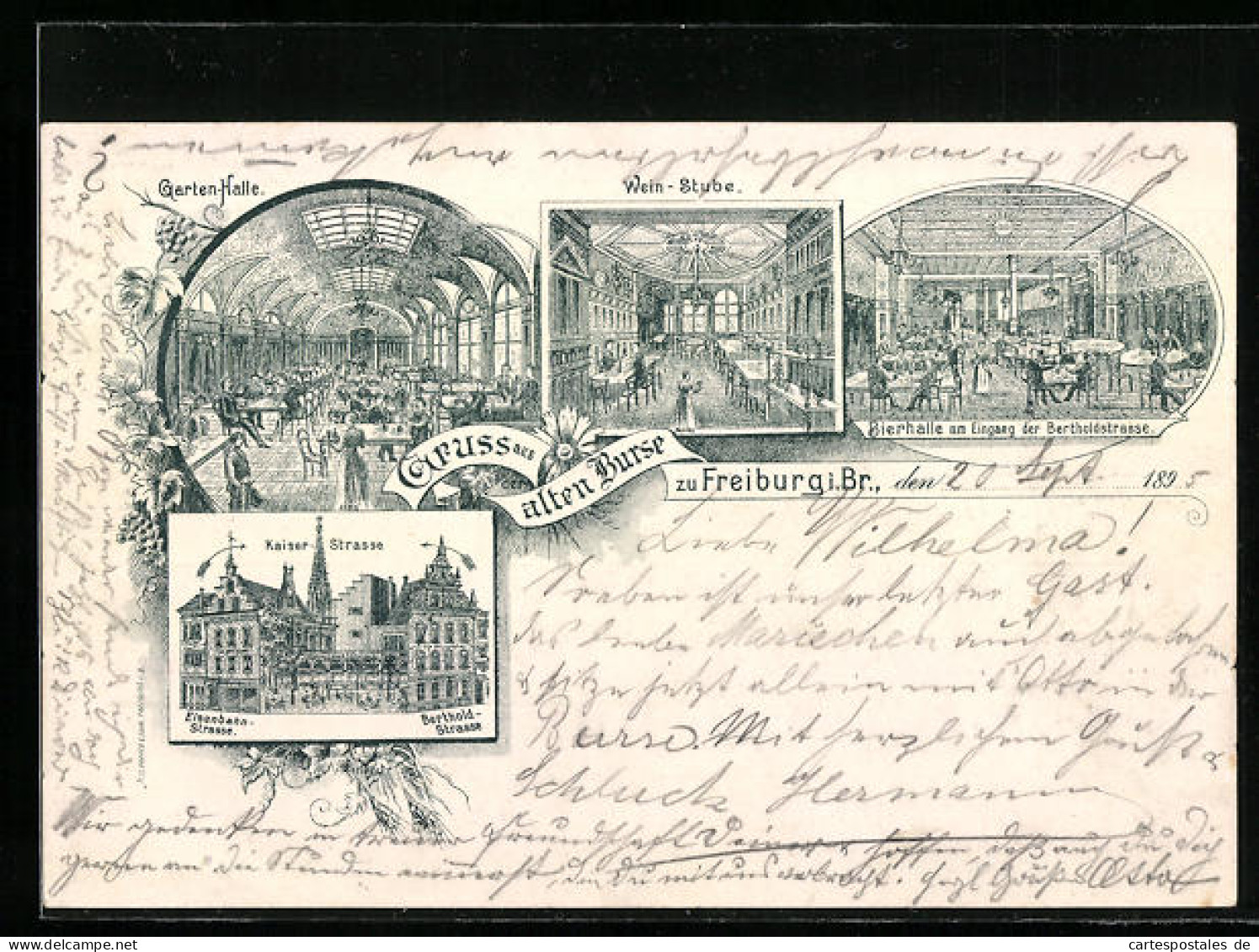 Vorläufer-Lithographie Freiburg I. Br., 1895, Gasthaus Alte Burse, Kaiserstrasse, Bertholdstrasse  - Freiburg I. Br.