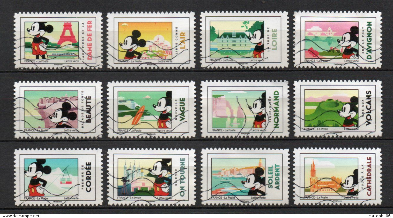 - FRANCE Adhésifs N° 1582/93 Oblitérés - Série Complète MICKEY ET LA FRANCE 2018 (12 Timbres) - - Usados