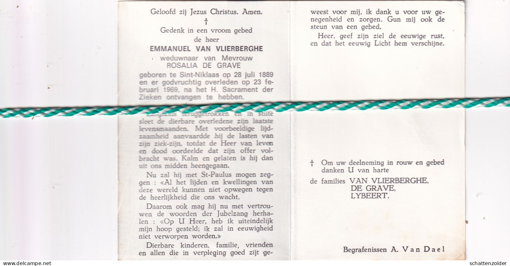 Emmanuel Van Vlierberghe-De Grave, Sint-Niklaas 1889, 1969 - Obituary Notices