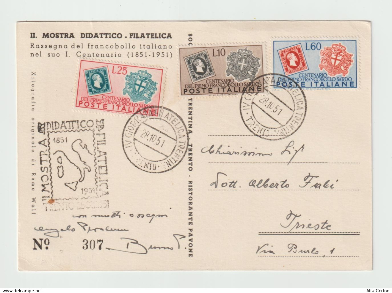 TRENTO: 28.10.1951  CARTOLINA  UFFICIALE  DELLA  MANIFESTAZIONE  N° 307  -  PER  TRIESTE  -  FG - Ausstellungen