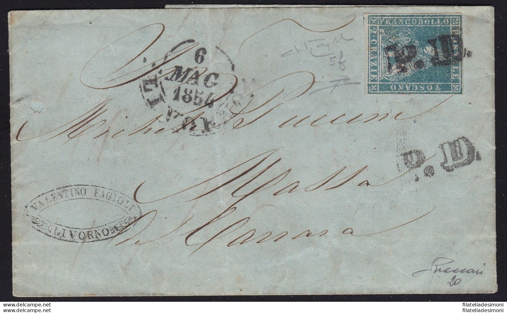 1851-52 TOSCANA, N. 5e 2 Cr. Azzurro Verdastro LETTERA Cert. Raybaudi/R.Diena - Tuscany
