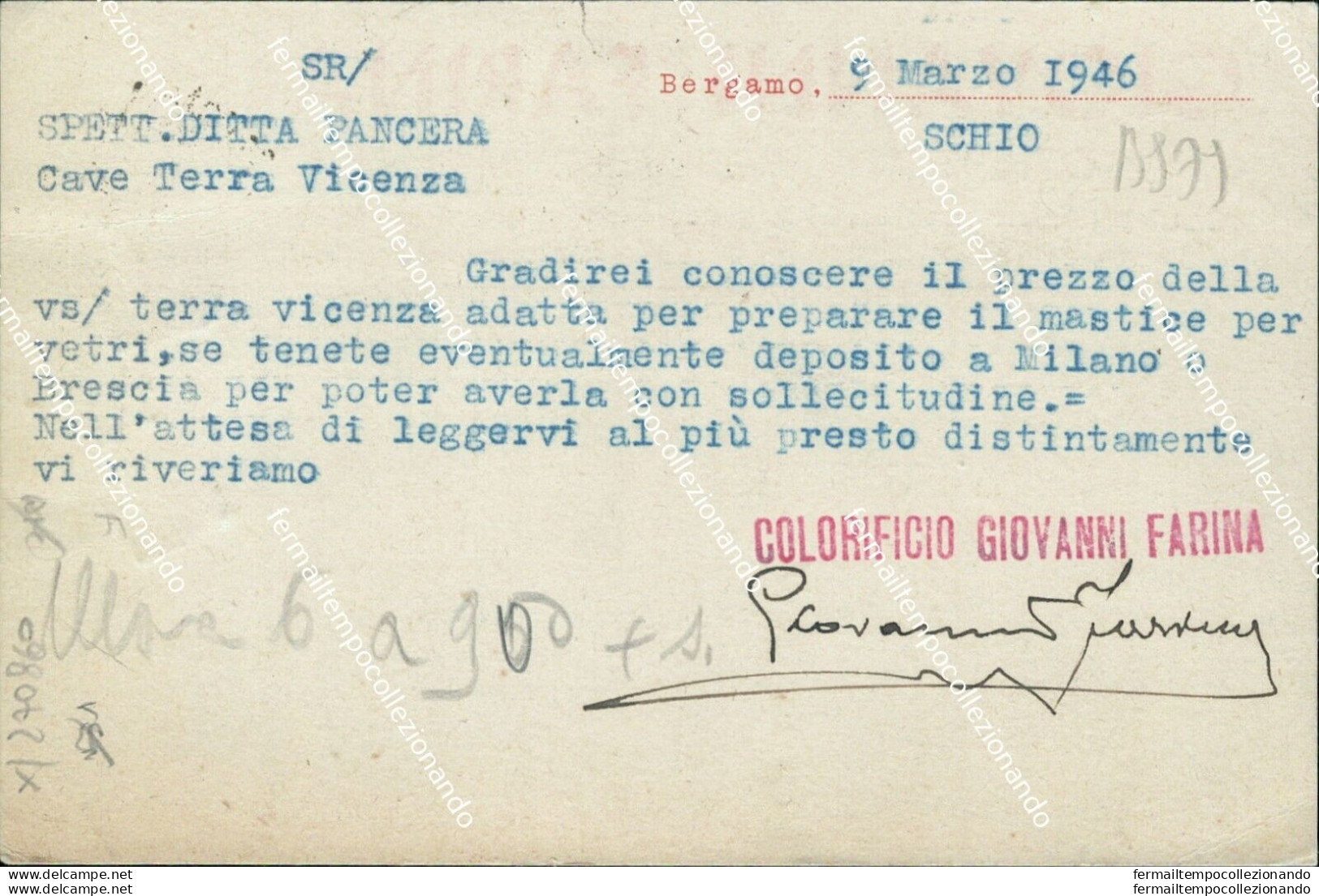 Bs79 Cartolina Commerciale Bergamo Citta' Giovanni Farina 1946 Lombardia - Bergamo