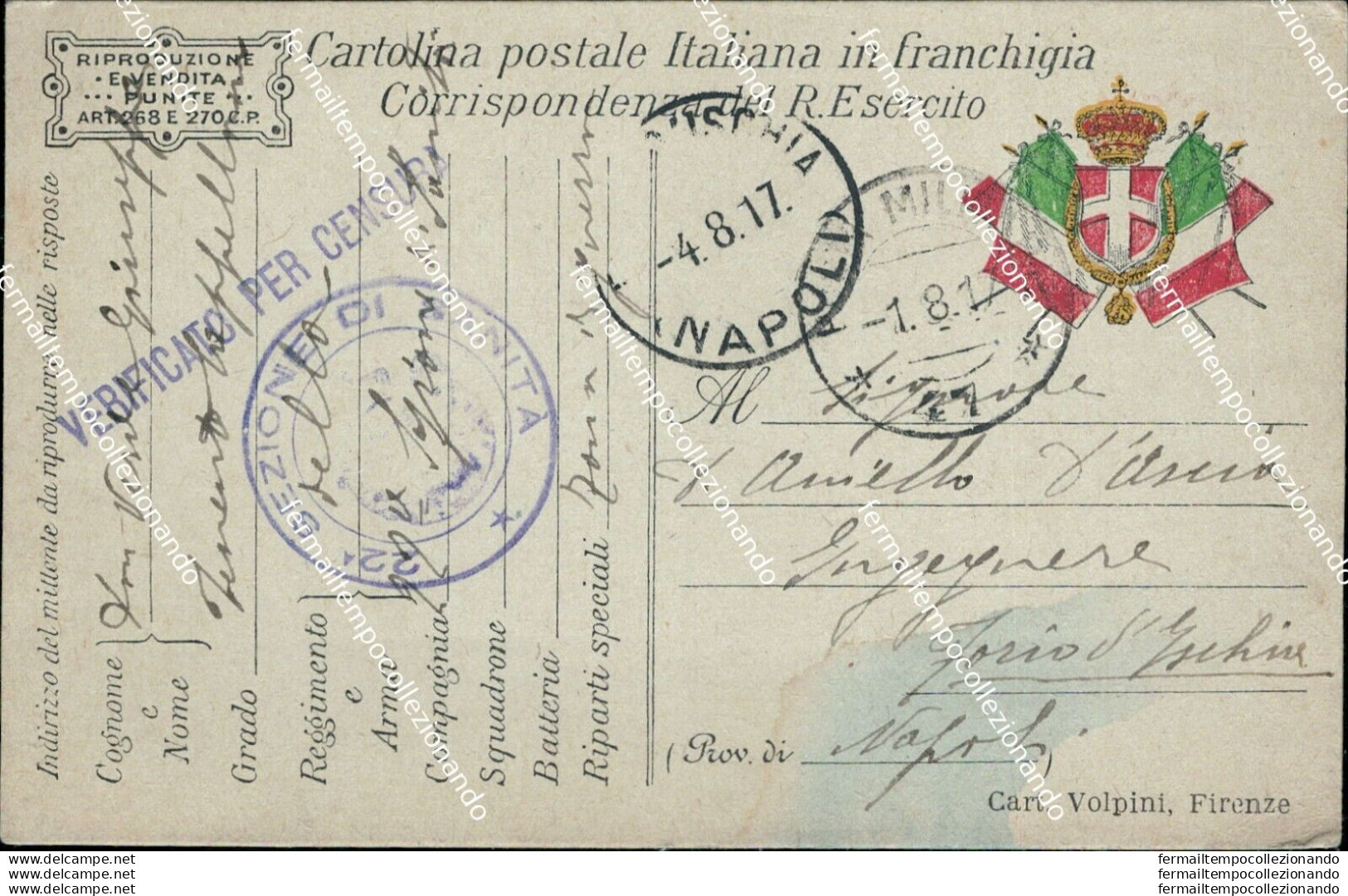 Bm470 Cartolina In Franchigia Posta Militare 47 Per Forio D'ischia 1917 - Portofreiheit