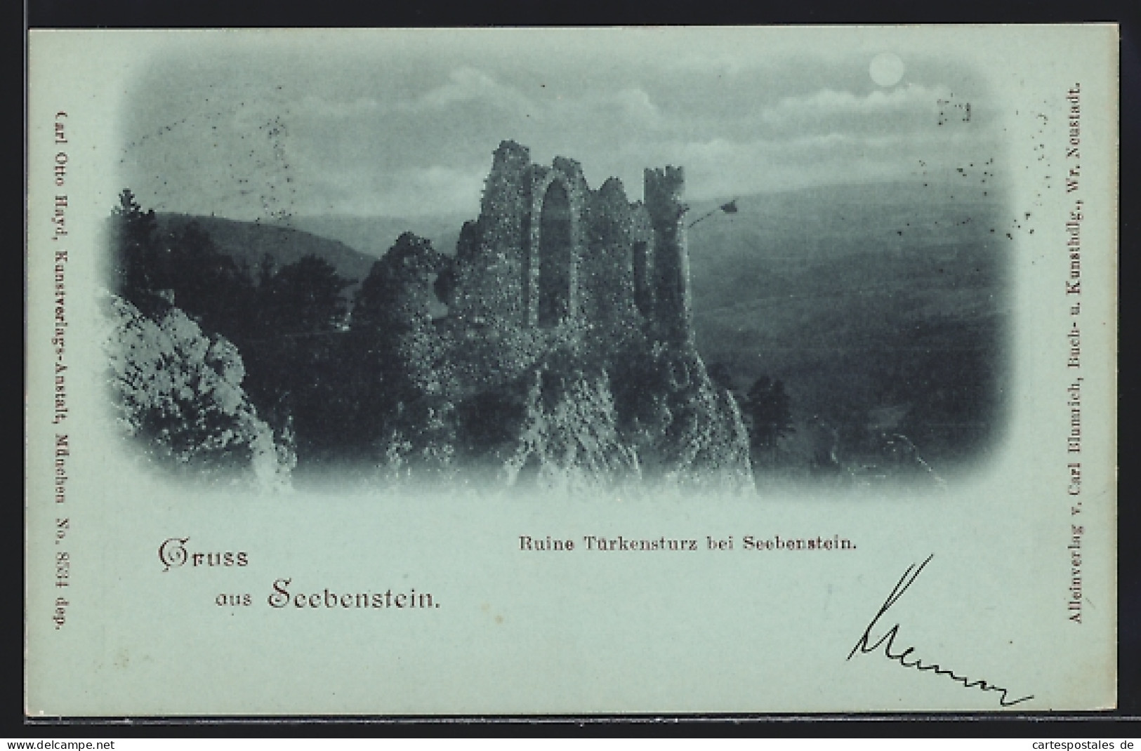 Mondschein-AK Seebenstein, Ruine Türkensturz  - Other & Unclassified