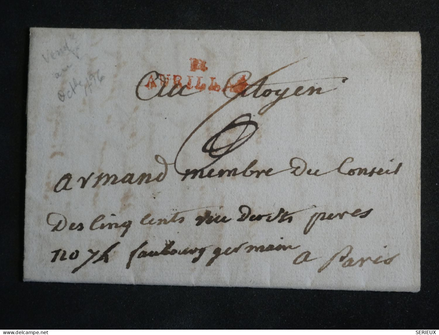 DO11 FRANCE BELLE LETTRE  1794 AURILLAC A PARIS +GRIFFE ROUGE +  +AFF. INTERESSANT+++ - 1801-1848: Precursors XIX