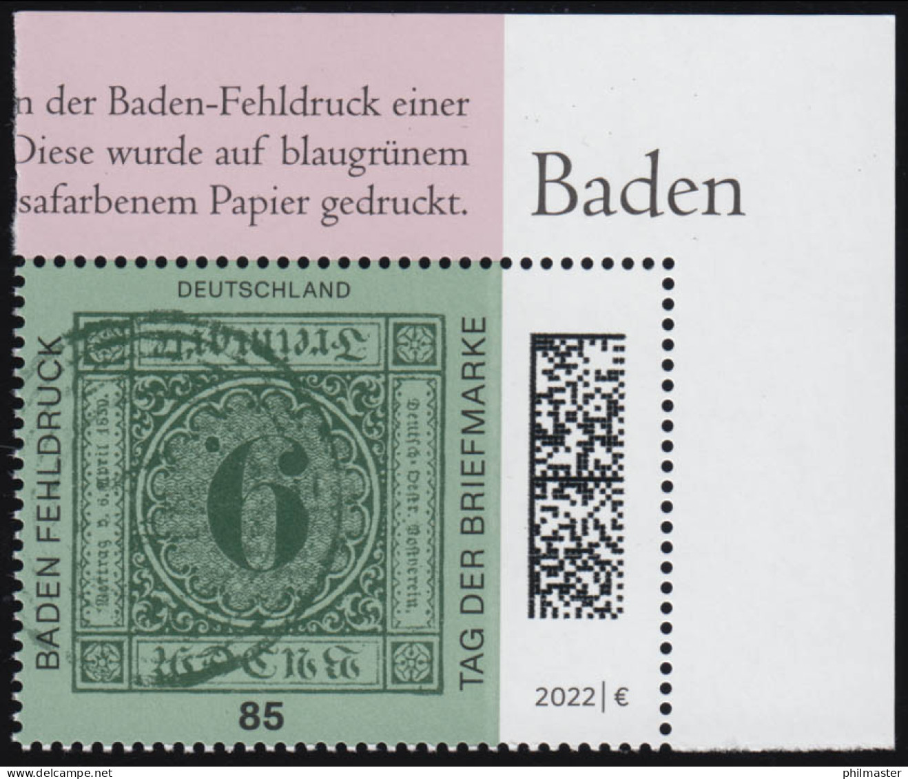 3719 Tag Der Briefmarke 2022: Baden Fehldruck, Aus Block 90, ** Postfrisch - Nuevos