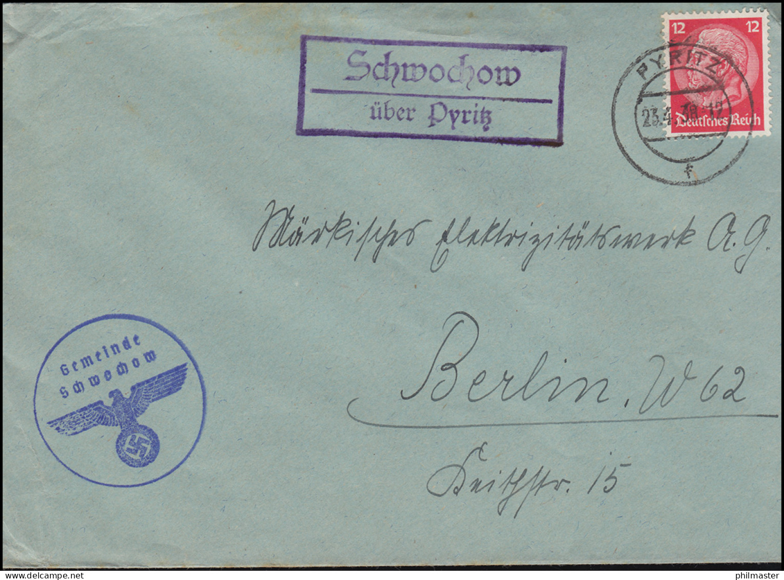 Landpost Schwochow über Pyritz 23.4.38 Auf Brief Der Gemeinde - Brieven En Documenten