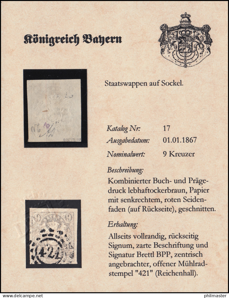 Bayern 17 Wappen 9 Kr., Offener Mühlrad-O 421 (Reichenhall), Geprüft Brettl BPP - Usati