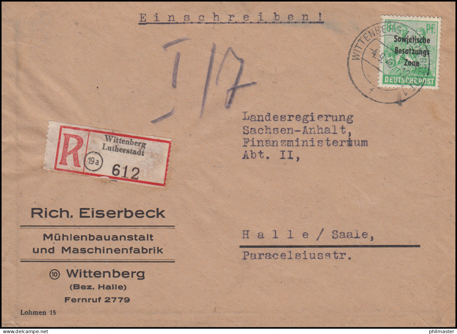 197 SBZ-Aufdruck Als EF Auf R-Brief WITTENBERG LUTHERSTADT 4.9.1948 - Autres & Non Classés