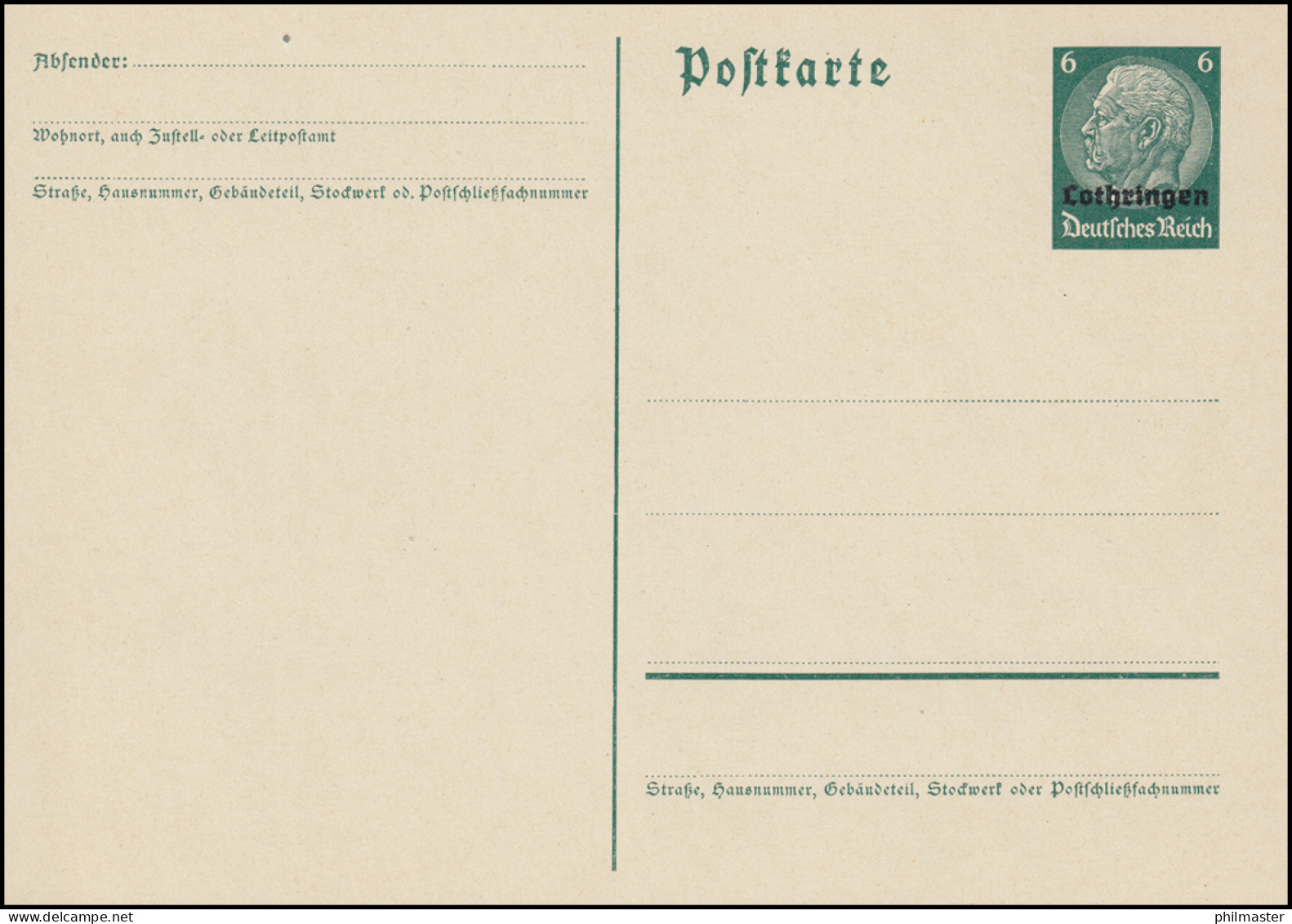 Elsaß Postkarte P 2 Hindenburg Aufdruck 6 Pf Dunkelgrün, ** Wie Verausgabt - Ocupación 1938 – 45