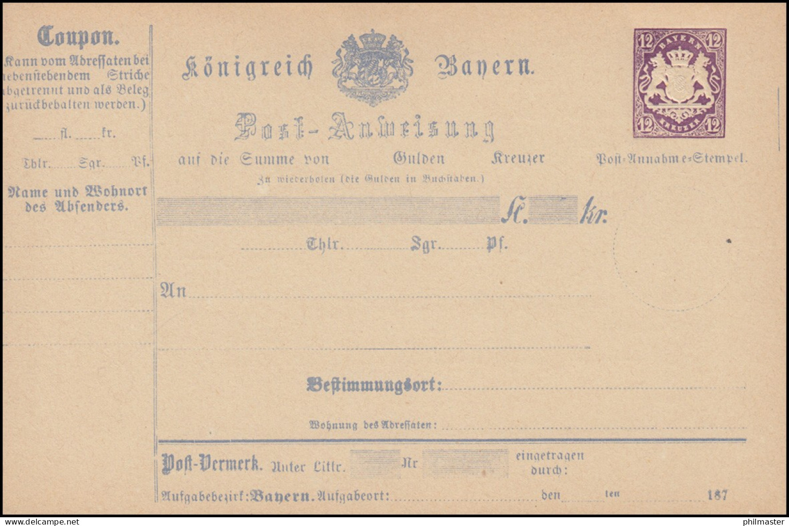 Bayern A 8 I Postanweisung 12 Kreuzer Wappen Violett, Type I, Postfrisch ** - Enteros Postales
