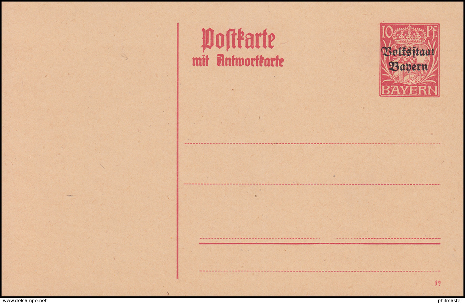 Bayern Postkarte P 106 Wappen Volksstaat 10 + 10 Pf Rot, Wie Verausgabt **  - Postwaardestukken