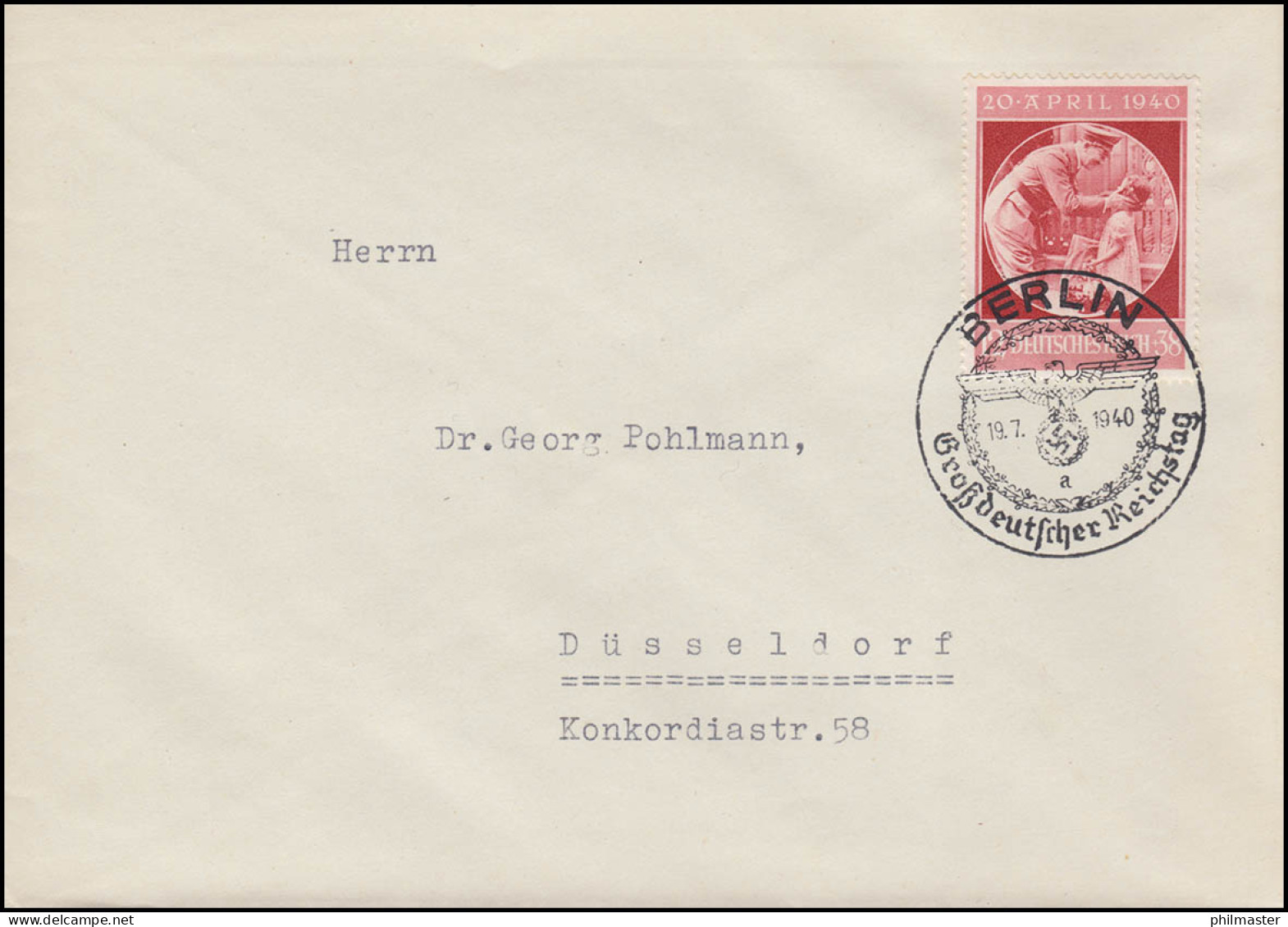 744 Geburtstagsmarke Auf Brief Mit SSt BERLIN Großdeutscher Reichstag 19.7.40 - Cartas & Documentos