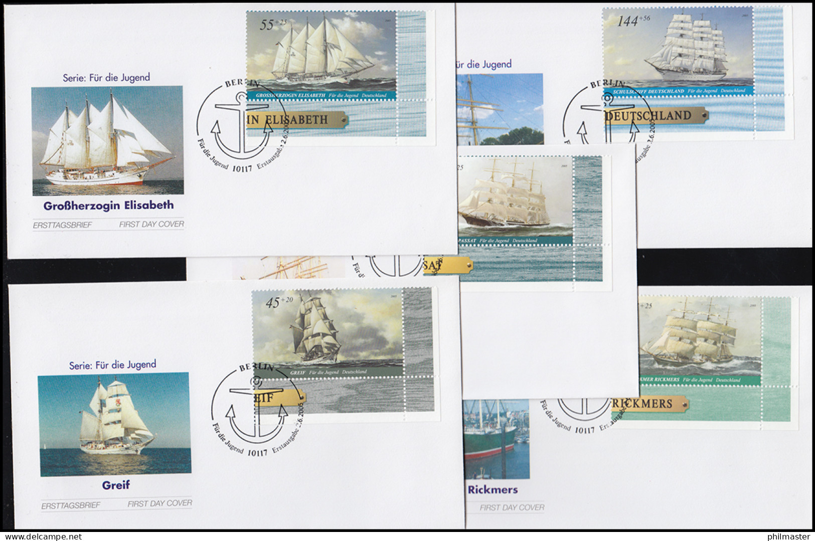 2464-2468 Jugend Großsegler 2005 - Satz Als Ecken Auf 5 Schmuck-FDC Berlin - Ships