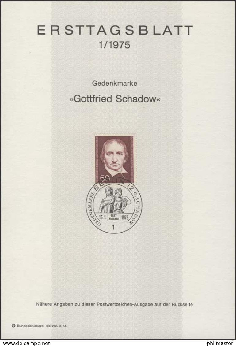 ETB 01/1975 Gottfried Schadow, Bildhauer - 1e Jour – FDC (feuillets)