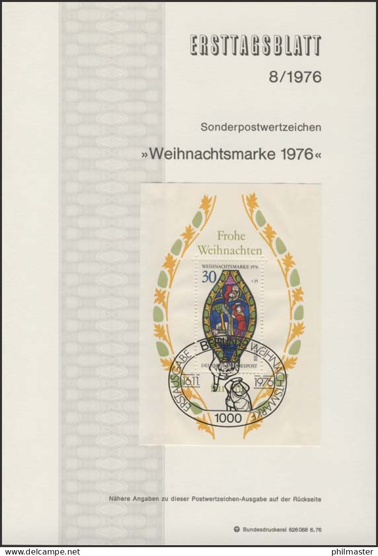 ETB 08/1976 Block 5 - Weihnachten, Marienfenster Frauenkirche - 1. Tag - FDC (Ersttagblätter)