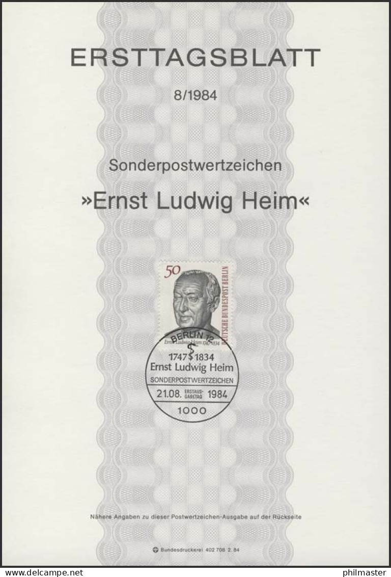ETB 08/1984 Dr. Ernst Ludwig Heim, Arzt - 1e Jour – FDC (feuillets)