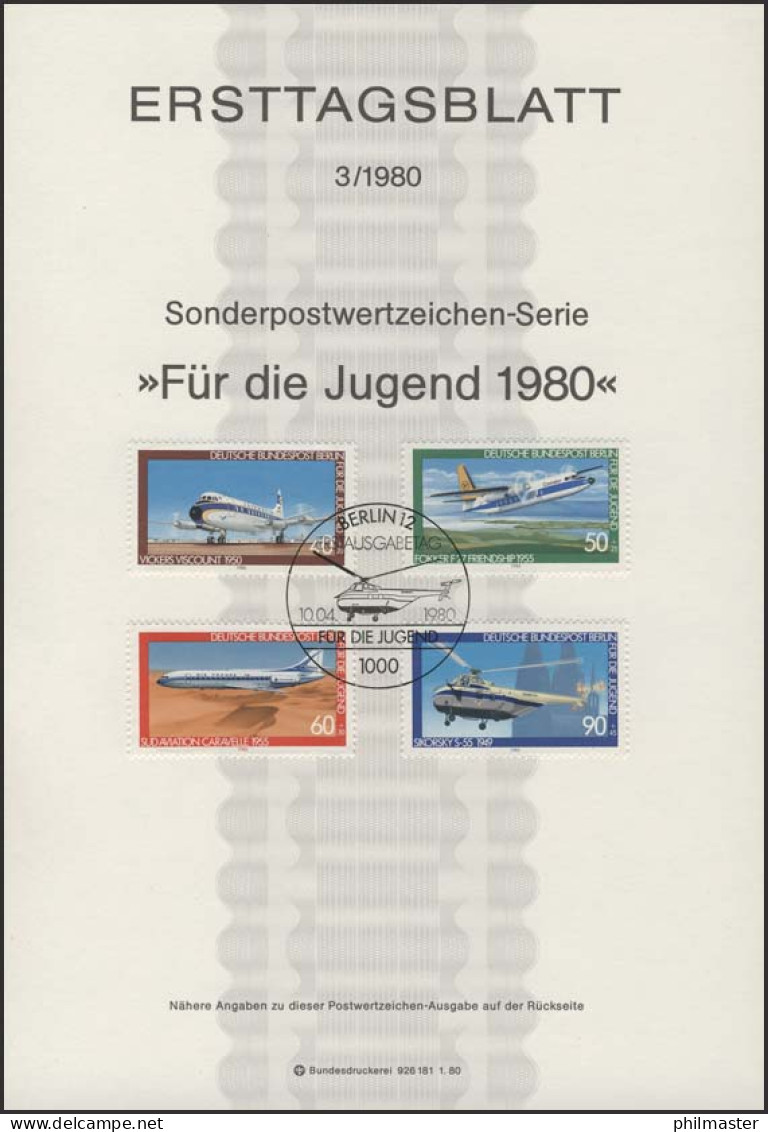 ETB 03/1980 Jugend, Luftfahrt, Flugzeuge - 1e Dag FDC (vellen)