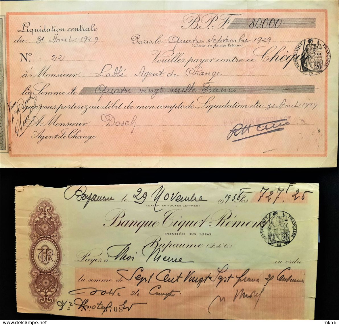 2 Cheques Bancaires 1929 - 1939 - Banca & Assicurazione