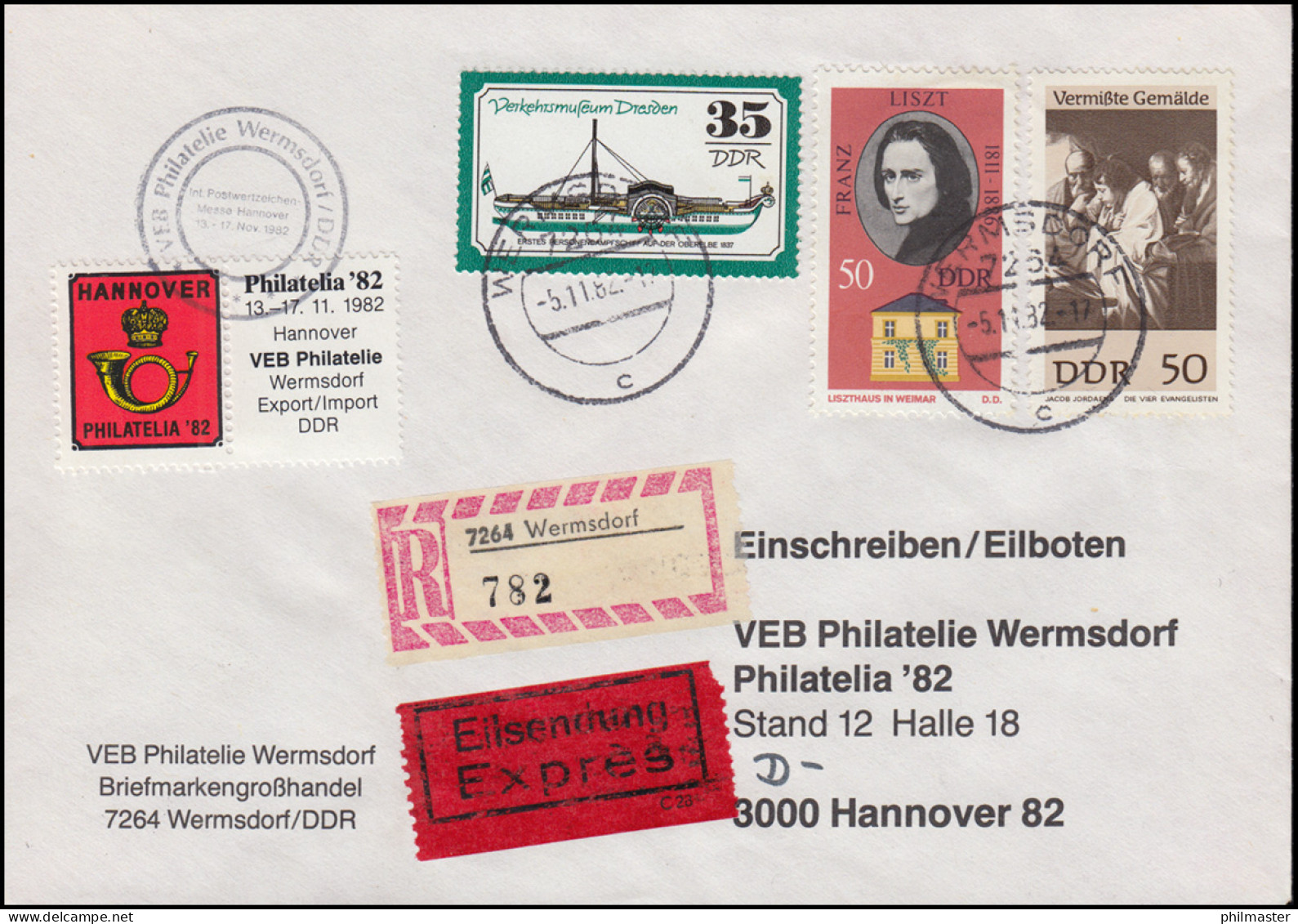 DDR-Brief An Die Philatelia'82 Nach Hannover MiF Eil-R-Bf WERMSDORF 5.11.1982 - Exposiciones Filatélicas