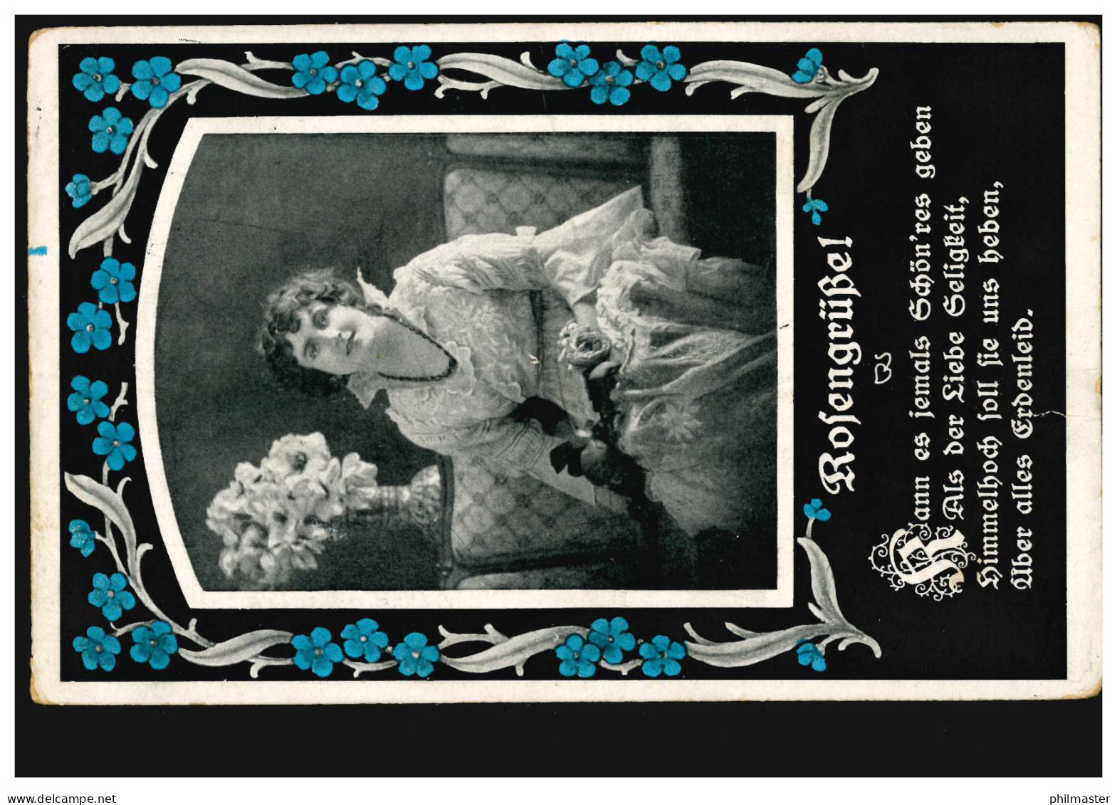 Lyrik-AK Frau Mit Rose Auf Dem Sofa, Gedicht Rosengrüße!, Feldpost 15.11.1916 - Sonstige & Ohne Zuordnung