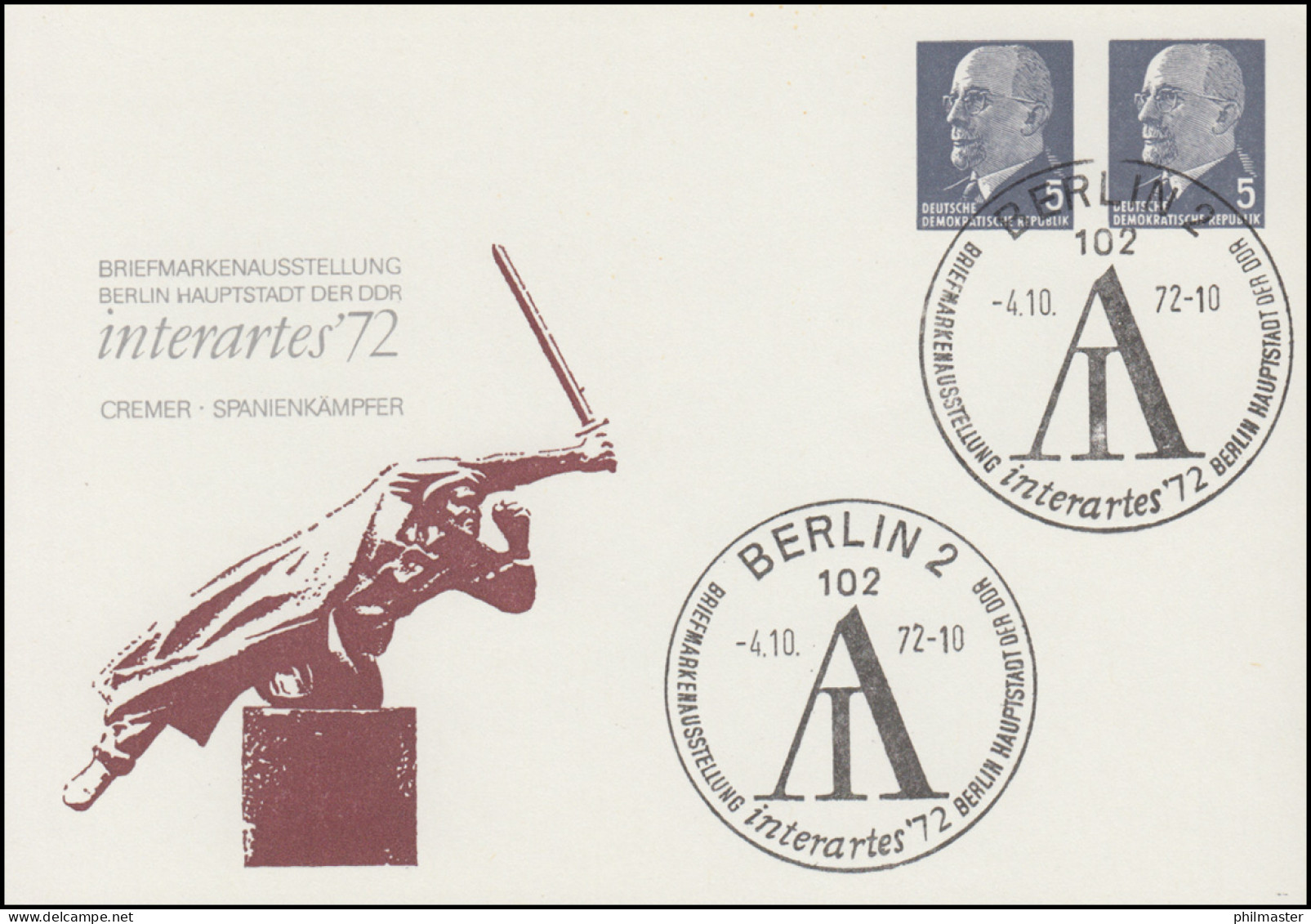 PP 11/33 Ulbricht 5+5 Pf Interartes'72 - Spanienkämpfer, SSt BERLIN 1972 - Autres & Non Classés