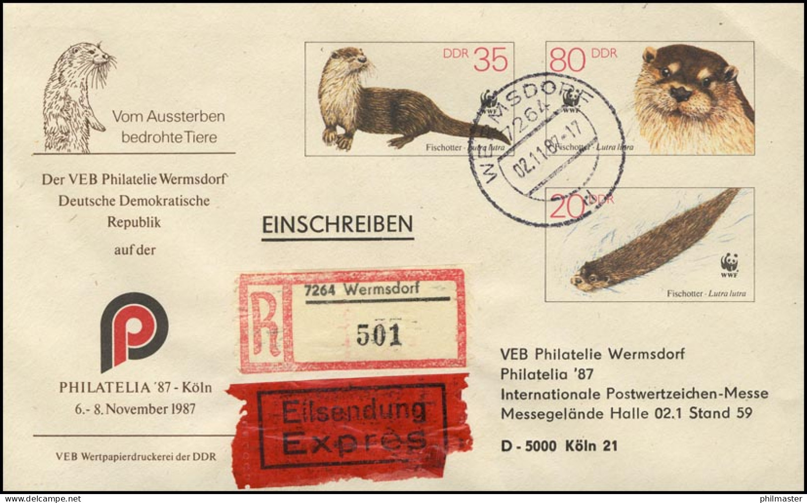 U 7 Naturschutz WWF Fischotter 1987, Zudruck Köln, Wermsdorf-Brief - Altri & Non Classificati